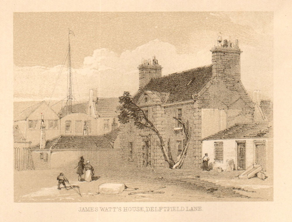 James Watt's house, Delftfield lane, Glasgow. SMALL 1848 old antique print